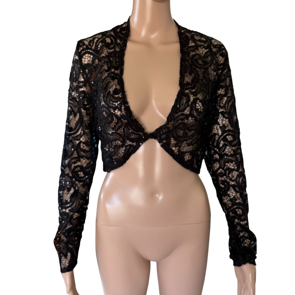 Vintage Onyx Nite lack Floral Lace Sequin Cropped Bolero Shrug Whimsigoth VampM